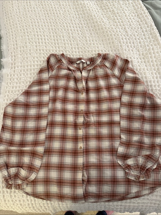 Uniqlo Tops - Uniqlo Rust and Cream Plaid Button-Front Blouse